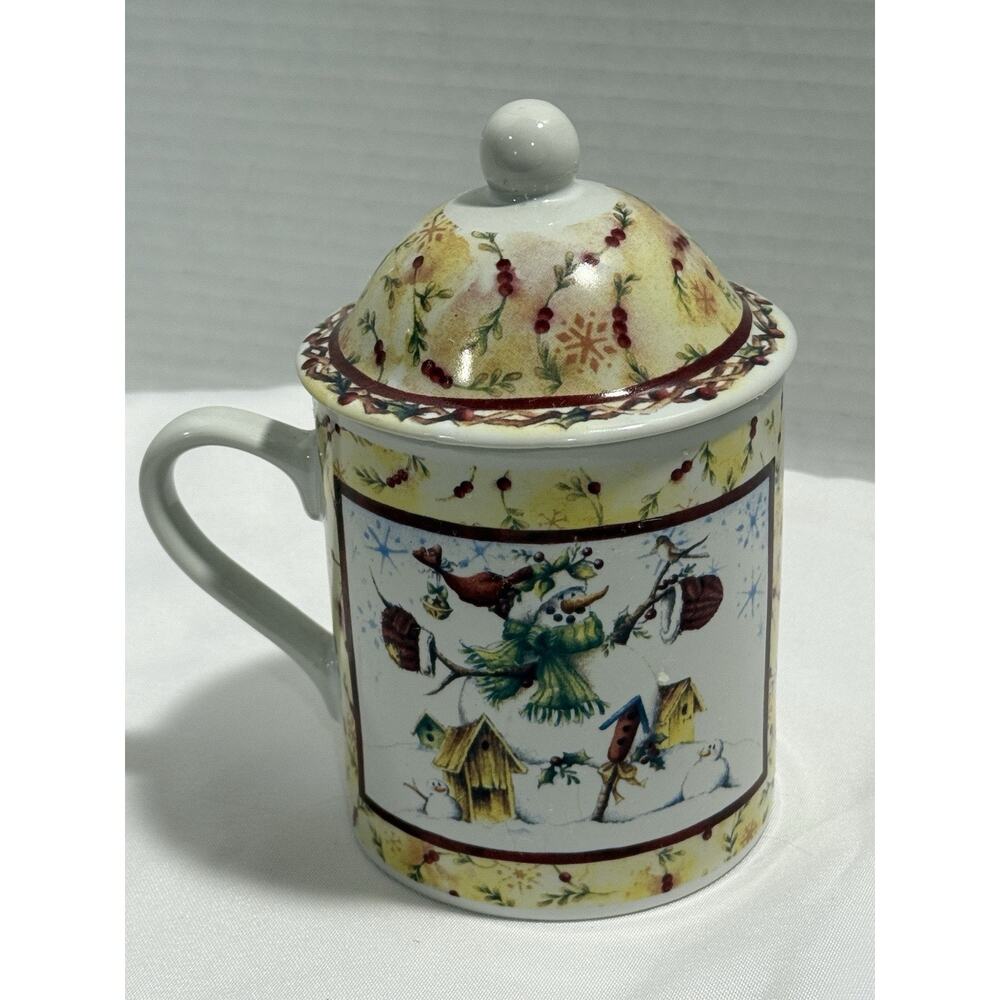 Vintage stamped hand painted lidded Coffee Tea Mug Cup Winter, Cardinal, Xmas